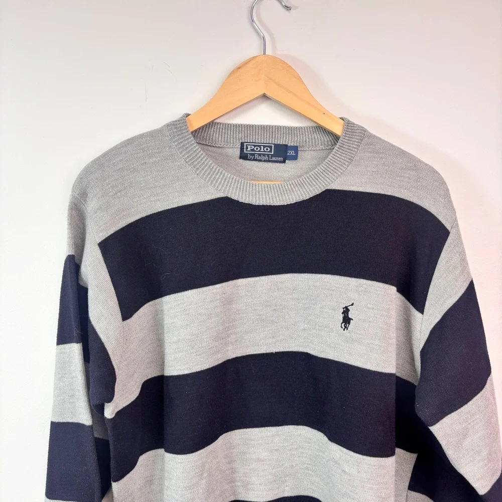 Polo Ralph Lauren Gray Navy Striped Crewneck Sweater Pony Logo 2XL
